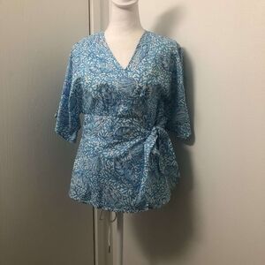 Vintage 90s 2000s Lilly Pulitzer Kimono Sleeve Seashell Print Wrap Top Sz M